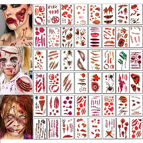 Halloween Narben Tattoo, 50 Blatt Halloween Temporäre Tattoos, Halloween Tattoo Aufkleber, Halloween Kinder Tattoos, Halloween Tattoos für Halloween Kostüm Schminke Cosplay Party Make-up Requisiten von Zkaoai