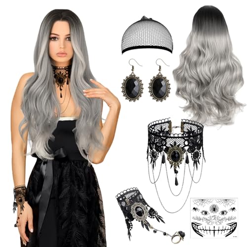 Karneval Perücke Grau Damen, 70cm Perücke Frauen Kostüm Halloween, Grau Perücken Lange mit Gotisch Halskette Armbänder und Aufkleber, Grey Wig Lang Haar Gelockt für Halloween Karneval Kostüm Party von Zkaoai