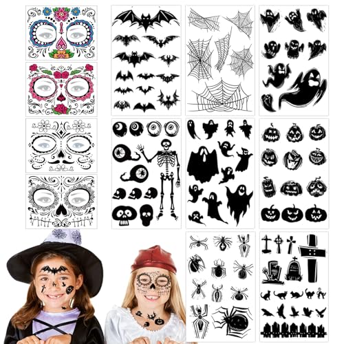 Halloween Spinnen Tattoo, 8 Blätter Halloween Temporäre Tattoo Aufkleber + 4 Halloween Tattoo Gesicht, Halloween Tattoos Aufkleber, Halloween Spinnennetz Tattoos für Halloween Kostüm Party von Zkaoai