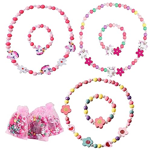 Zkaoai 6Stk Holz Kinder Schmuck Set, Mädchen Schmuck, Einhorn Perlen Halskette und Armband, Bunte Holz Schmuck Perlen für Geburtstags Kinder Mitgebsel, Prinzessin Mädchen Dress Up von Zkaoai