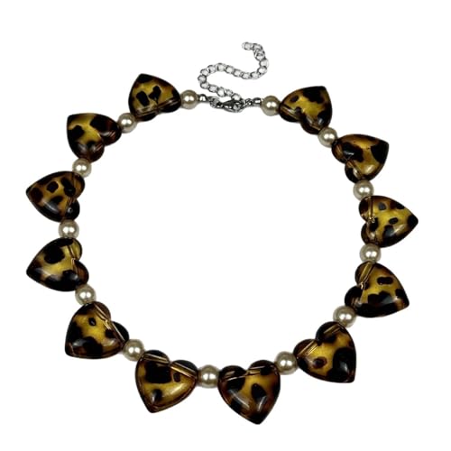 Zktfyshk Halskette mit übertriebenem Leopardenmuster, Herzperlen, verstellbare Kristall-Acryl-Kette für Damen, Party-Schmuck, 38cm + about 9cm extension chain, Acryl von Zktfyshk