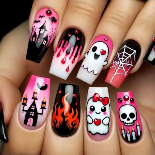 Festliche Halloween Nägel Kunst Schädel Square M Länge Gefälschte Nägel Leichte Bauchgebäude Für Frauen Partys Event Mittelgroße Quadratfälle Gefälschter Nagel von Zkydhbd