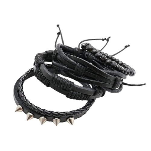 Zkydhbd 4 Stück Geflochtene Lederarmbänder Punkstile Handgelenk Manschetten Mit Holzperlen Und Metallstollen Für Erwachsene Vintage Armbänder von Zkydhbd
