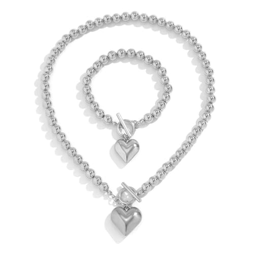Zkydhbd Einfache Goldene Farbkugel Kette Kette Halskette Armband Herz Anhänger Schmuck Set Elegant Perlen Accessoire Für Frauen Statement Halskette Für Frauen von Zkydhbd