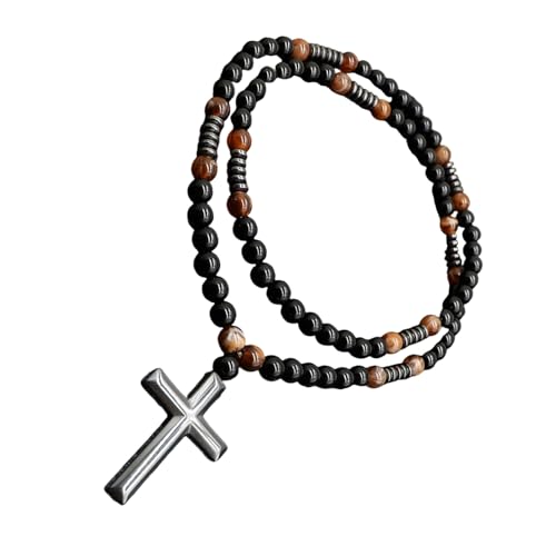 Zkydhbd Herren Schwarz Brauner Perlen Halskette Mit Robusten Kreuzen Charme Religiöses Symbol Unisex Spirituelle Halskette Schmuck Geburtstag Geschenke von Zkydhbd