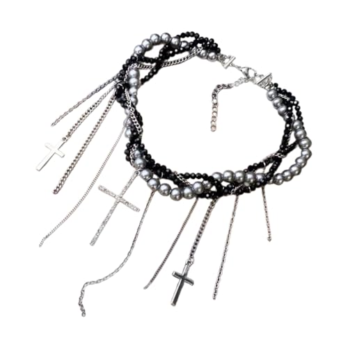 Zkydhbd Imitation Perlenketten Halskette Mit Quasten Kreuz Anhänger Heckchain Einstellbare Länge Schlüsselbein Kette Frauen Schmuck Personalisierte Modemodgeschenk von Zkydhbd