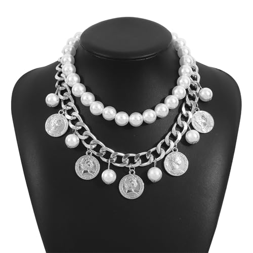 Zkydhbd Moderne Vintage Double Layer Imitation Perlen Perlen Halshaut Medaillons Anhänger Halskette Accessoire Für Modeliebhaber Doppelschicht Halskette von Zkydhbd