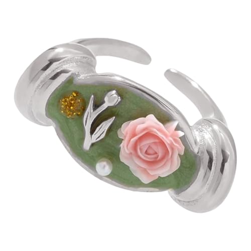Zkydhbd Romantik Drop Oil Rose Perlen Offen Verstellbare Ringe Edelstahl Schmuck Tropfen Ölblumenzubehör Für Frauen Geschenk Jubiläum/Geburtstagsgeschenk Emaille Schmuck von Zkydhbd