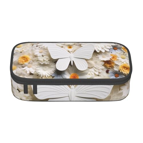 Zkyfll Federmäppchen mit weißem Blumenmuster, bunte Schmetterlinge, 1 Druck, großes Fassungsvermögen, Organizer, tragbare Tasche, Make-up-Tasche, Kosmetiktasche von Zkyfll