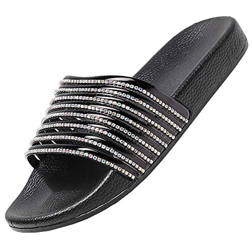 Zkyo Pantoletten Damen Sommer Flach Bade Schlappen mit Blumen Strass Frauen Weiche Rutschfest Strand Badeschuhe Schwarz Größe 36 von Zkyo