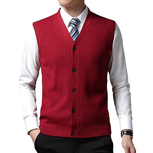 Ärmellose Herren-Strickjacke, Einfarbige, Rote, Schmal Geschnittene, Ärmellose Strickweste, Modischer V-Ausschnitt, Einreihiges Strickpullover-Tanktop, Große Business-Gentleman-Strickweste, Rot, 4Xl von Zlatomu