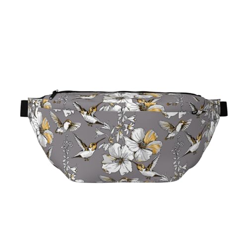 Große Bauchtaschen für Damen und Herren, Umhängetasche, weiße Blumen, Kolibri, Grau, Reise-Crossbody-Tasche für Damen, trendig, Gürteltasche für Damen, Herren, Umhängetasche, Hüfttasche für Damen mit von Zltegako