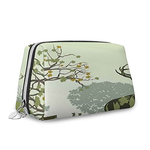 Große Make-up-Tasche aus Leder, Motiv: Hirsch und Wildtiere im Park, Reise-Kosmetik-Organizer für Damen, Grün, Größe S, Grün_6, Einheitsgröße, Kosmetikkoffer von Zltegako