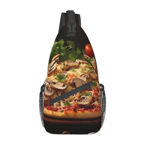 Pizza mit Pilzen und Tomaten auf der Oberseite Sling Bag Leichte Brusttasche Crossbody Bag Umhängetasche Sportrucksack für Damen Herren Schwarz Einheitsgröße, Siehe Abbildung, Einheitsgröße, von Zltegako