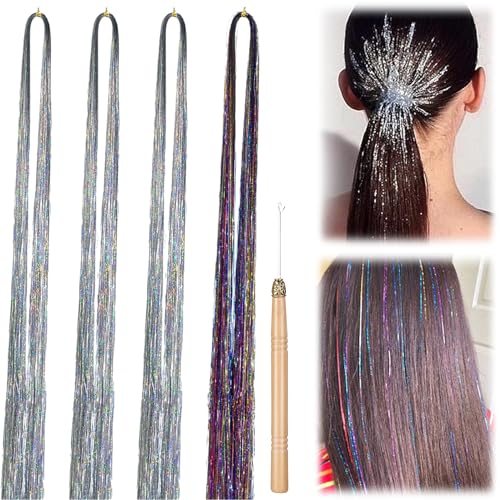 Glitzer Haarsträhnen Lametta, 4 Stück 120cm Glitter Hair Tinsel Extensions Haarteil Haarverlängerung Strähnen Extensions Haarverlängerungen Geflochtenes for Frauen Mädchen von ZmdecQna