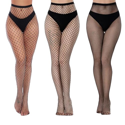 ZmdecQna Schwarz Netzstrümpfe, 3 Paar Sexy Fishnet Hohe Strümpfe Damen Taille Netzstrumpfhosen Strumpfhosen Elastisch Mode Strumpfhosen für Damen Alltagskleidung von ZmdecQna