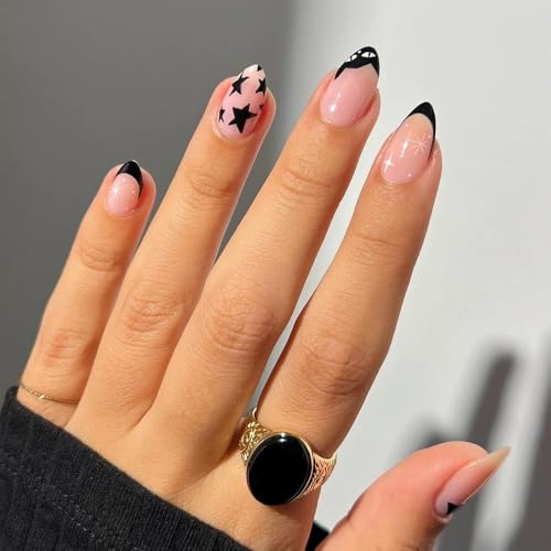 24STK French Press on Nails Kurz Almond Künstliche Nägel Schwarz Rand Rosa Fingernägel zum Aufkleben Schwarz Weiß Stern Klebe Nägel Set Acrylnagelspitzen Damen Frühling Sommer Nagel Zubehör von Zmupl