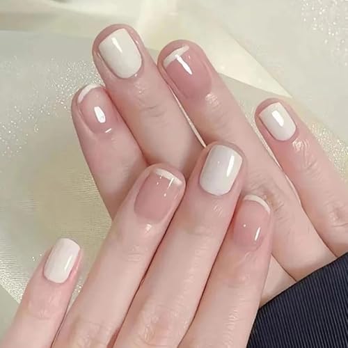 24STK French Press on Nails Kurz Square Künstliche Nägel Beige Weiß Fingernägel zum Aufkleben Nude Rosa Klebe Nägel Set Acrylnagelspitzen Damen Frühling Sommer Nagel Zubehör von Zmupl