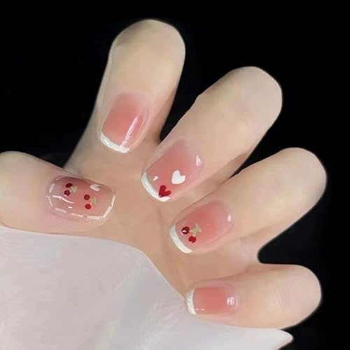 24STK French Press on Nails Kurz Square Künstliche Nägel Nude Rosa Ombre Fingernägel zum Aufkleben Weiß Herz Rot Kirsche Klebe Nägel Set Acrylnagelspitzen Damen Frühling Sommer Nagel Zubehör von Zmupl