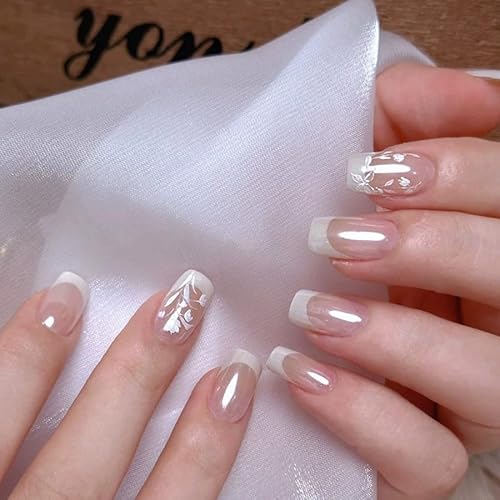 24STK French Press on Nails Kurz Square Künstliche Nägel Nude Rosa Shimmer Fingernägel zum Aufkleben Weiß Rand Klebe Nägel Set Acrylnagelspitzen Damen Frühling Sommer Nagel Zubehör von Zmupl