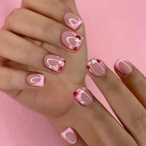 24STK French Press on Nails Kurz Square Künstliche Nägel Rosa Fingernägel zum Aufkleben Rot Weiß Herz Klebe Nägel Set Acrylnagelspitzen Damen Frühling Sommer Nagel Zubehör von Zmupl