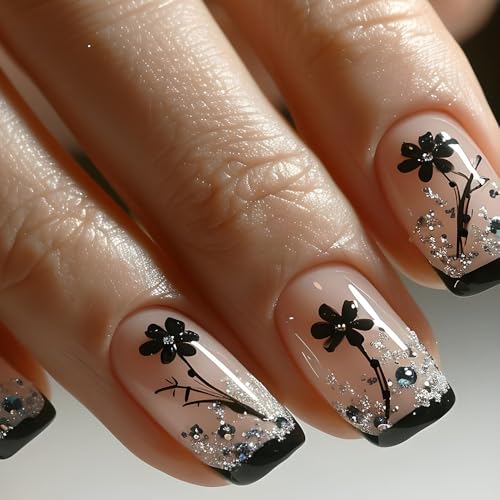 24STK French Press on Nails Kurz Square Künstliche Nägel Schwarz Rand Glitzer Silber Fingernägel zum Aufkleben Blume Klebe Nägel Set Acrylnagelspitzen Damen Frühling Sommer Nagel Zubehör von Zmupl