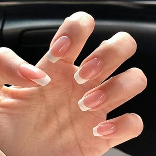 24STK French Press on Nails Kurz Square Künstliche Nägel Weiß Rand Fingernägel zum Aufkleben Nude Rosa Klebe Nägel Set Acrylnagelspitzen Damen Frühling Sommer Nagel Zubehör von Zmupl