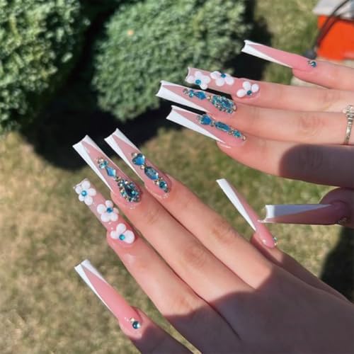 24STK French Press on Nails Lang Künstliche Nägel Weiß Rand Nude Rosa Fingernägel zum Aufkleben Blume Grün Strass Herz Klebe Nägel Set Acrylnagelspitzen für Damen von Zmupl