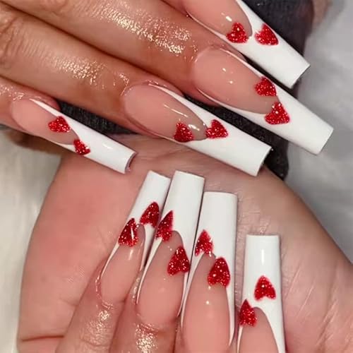 24STK French Press on Nails Lang Sarg Künstliche Nägel Weiß Rand Nude Rosa Fingernägel zum Aufkleben Glitzer Rot Herz Klebe Nägel Set Acrylnagelspitzen Damen Frühling Sommer Nagel Zubehör von Zmupl
