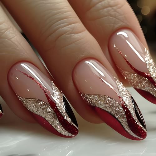 24STK French Press on Nails Mittellange Almond Künstliche Nägel Glitzer Gold Rot Fingernägel zum Aufkleben Fireflame Klebe Nägel Set Acrylnagelspitzen Accessories für Damen von Zmupl