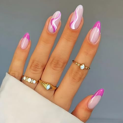 24STK French Press on Nails Mittellange Almond Künstliche Nägel Rosa Rand Nude Fingernägel zum Aufkleben Weiß Swirl Klebe Nägel Set Acrylnagelspitzen Damen Frühling Sommer Nagel Zubehör von Zmupl