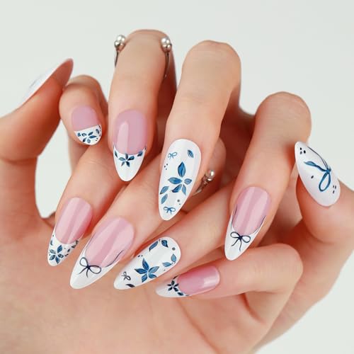 24STK French Press on Nails Mittellange Almond Künstliche Nägel Rosa Weiß Fingernägel zum Aufkleben Blau Blume schleife Klebe Nägel Set Acrylnagelspitzen Damen Frühling Sommer Nagel Zubehör von Zmupl