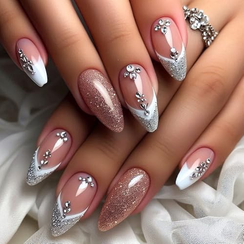 24STK French Press on Nails Mittellange Almond Künstliche Nägel Weiß Rand Fingernägel zum Aufkleben Glitzer Silber Rosa Strass Klebe Nägel Set Acrylnagelspitzen Frühling Accessories für Damen von Zmupl