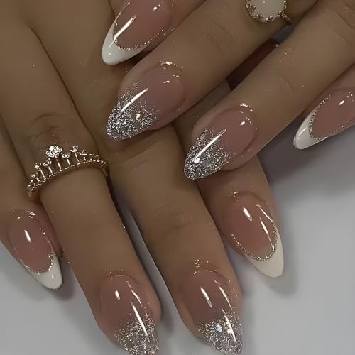24STK French Press on Nails Mittellange Almond Künstliche Nägel Weiß Rand Nude Rosa Fingernägel zum Aufkleben Glitzer Silber Gold Klebe Nägel Set Acrylnagelspitzen Accessories für Damen von Zmupl