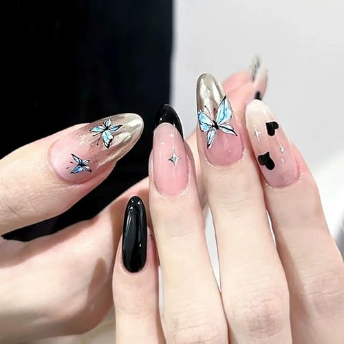 24STK French Press on Nails Mittellange Almond Schwarz Künstliche Nägel Gold Rosa Ombre Fingernägel zum Aufkleben Herz Schmetterling Klebe Nägel Set Acrylnagelspitzen Damen Frühling Nagel Zubehör von Zmupl