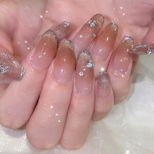 24STK French Press on Nails Mittellange Sarg Künstliche Nägel Glitzer Silber Fingernägel zum Aufkleben Beige Rot Ombre Klebe Nägel Set Acrylnagelspitzen Damen Nagel Zubehör von Zmupl