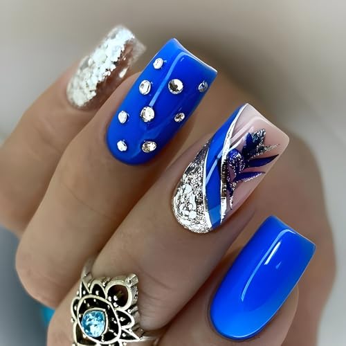24STK French Press on Nails Mittellange Square Künstliche Nägel Blau Rose Blume Fingernägel zum Aufkleben Glitzer Silber Klebe Nägel Set Acrylnagelspitzen Damen Frühling Sommer Nagel Zubehör von Zmupl