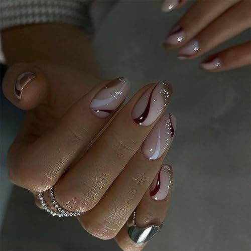 24STK Kurz Almond Press on Nails Nude Rosa Künstliche Nägel Braun Weiß Swirl Fingernägel zum Aufkleben Klebe Nägel Set Acrylnagelspitzen Damen Frühling Sommer Nagel Zubehör von Zmupl