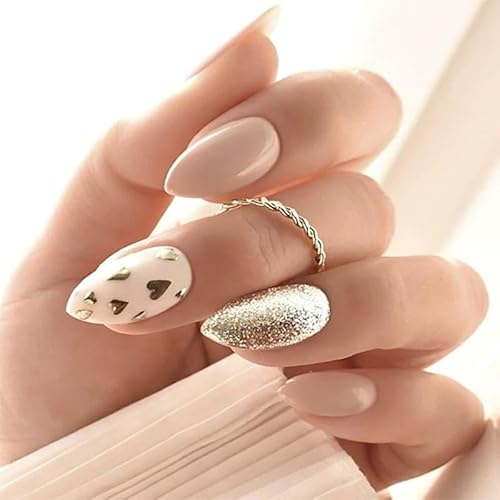 24STK Kurz Almond Press on Nails Nude Rosa Künstliche Nägel Gold Glitzer Fingernägel zum Aufkleben Herz Klebe Nägel Set Acrylnagelspitzen Damen Frühling Sommer Nagel Zubehör von Zmupl