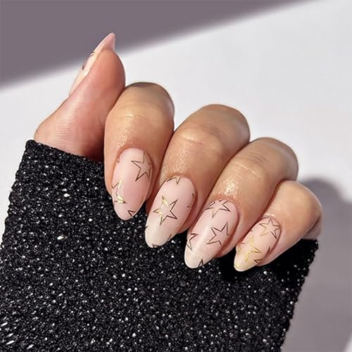 24STK Kurz Almond Press on Nails Nude Rosa Künstliche Nägel Gold Sterne Fingernägel zum Aufkleben Klebe Nägel Set Acrylnagelspitzen Accessories für Damen von Zmupl