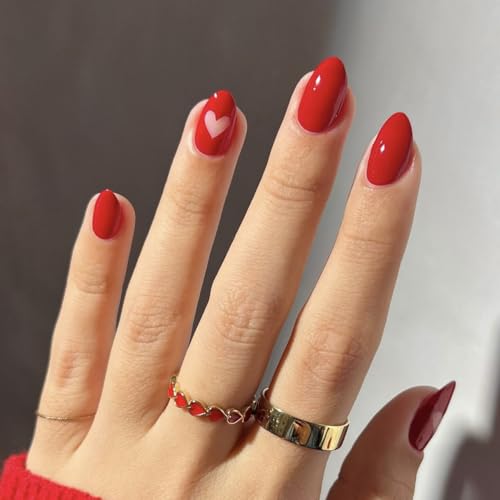 24STK Kurz Press on Nails Almond Künstliche Nägel Rot Fingernägel zum Aufkleben Herz Klebe Nägel Set Acrylnagelspitzen Romantische Hochzeit Braut Accessories für Damen von Zmupl