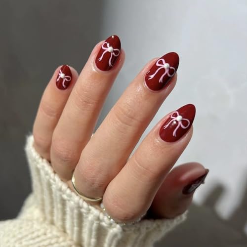 24STK Kurz Press on Nails Almond Künstliche Nägel Rot Fingernägel zum Aufkleben Rosa Schleife Klebe Nägel Set Acrylnagelspitzen Damen Frühling Sommer Nagel Zubehör von Zmupl