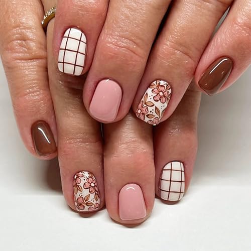 24STK Kurz Press on Nails Braun Rot Künstliche Nägel Rosa Blume Fingernägel zum Aufkleben Weiß Raster Klebe Nägel Set Acrylnagelspitzen Damen Frühling Sommer Nagel Zubehör von Zmupl