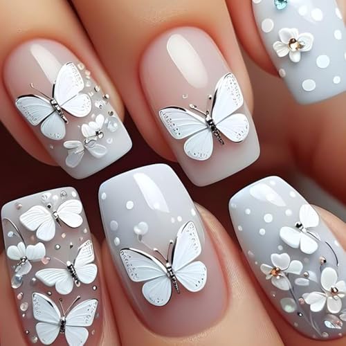 24STK Kurz Press on Nails Square Künstliche Nägel 3D Schmetterling Fingernägel zum Aufkleben Weiß Nude Ombre Klebe Nägel Set Acrylnagelspitzen Damen Frühling Sommer Nagel Zubehör von Zmupl