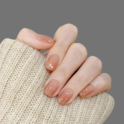 24STK Kurz Press on Nails Square Künstliche Nägel Coral Rosa Ombre Fingernägel zum Aufkleben Glitzer Gold Klebe Nägel Set Acrylnagelspitzen Damen Frühling Sommer Nagel Zubehör von Zmupl