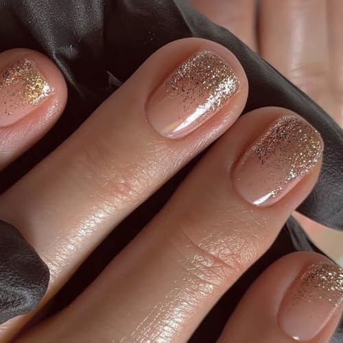 24STK Kurz Press on Nails Square Künstliche Nägel Glitzer Gold Fingernägel zum Aufkleben Rosa Frühling Sommer Klebe Nägel Set Acrylnagelspitzen Damen Hochzeit Braut Nagel Zubehör von Zmupl