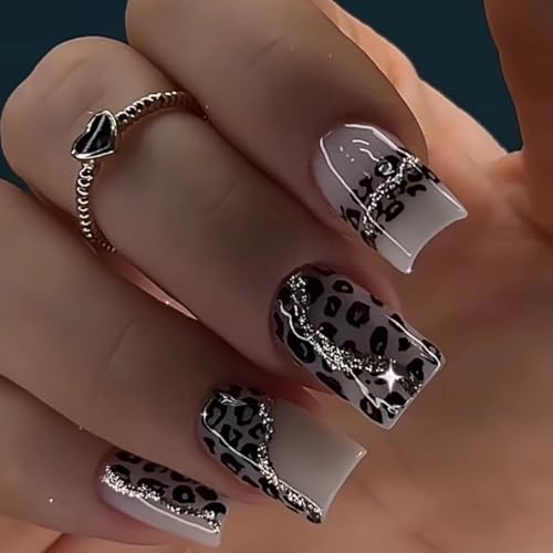24STK Kurz Press on Nails Square Künstliche Nägel Grau Leopard Muster Fingernägel zum Aufkleben Glitzer Silber Klebe Nägel Set Acrylnagelspitzen Accessories für Damen von Zmupl
