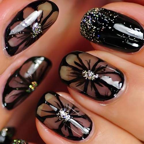 24STK Kurz Press on Nails Square Künstliche Nägel Schwarz Glitzer Fingernägel zum Aufkleben Blume Klebe Nägel Set Acrylnagelspitzen Damen Frühling Sommer Nagel Zubehör von Zmupl