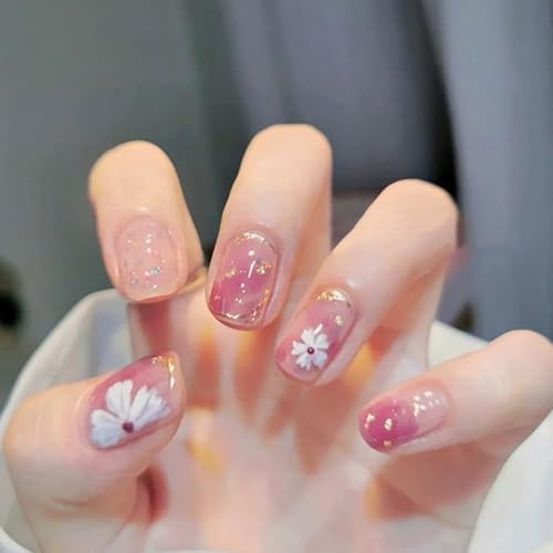 24STK Kurz Square Press on Nails Rosa Ombre Künstliche Nägel Blumen Fingernägel zum Aufkleben Gold Glitzer Sequin Swirl Klebe Nägel Set Acrylnagelspitzen Damen Frühling Sommer Nagel Zubehör von Zmupl