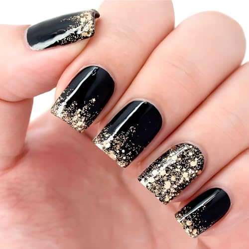 24STK Kurz Square Press on Nails Schwarz Künstliche Nägel Glitzer Gold Fingernägel zum Aufkleben Sequin Klebe Nägel Set Acrylnagelspitzen Accessories für Damen von Zmupl